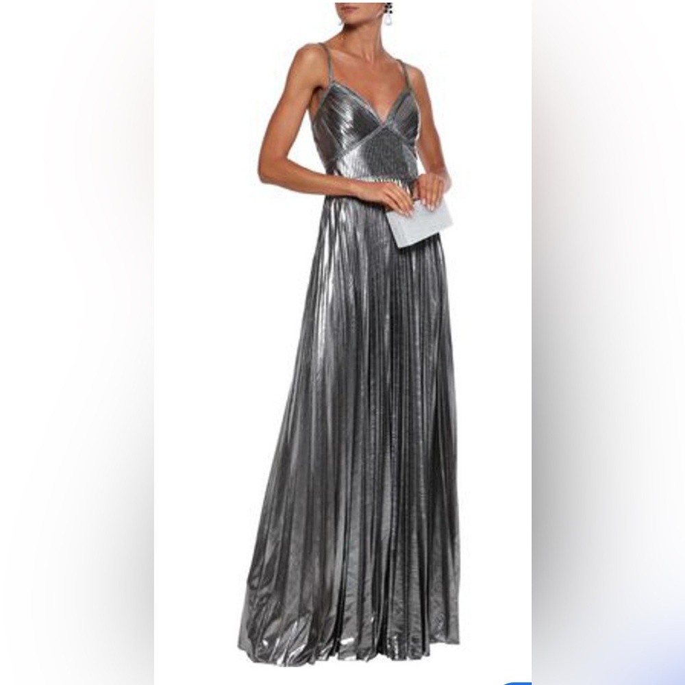 NWT Marchesa Notte Lace Trimmed Pleated Lame Metallic Gown Size 12